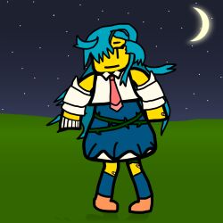  1girl ado_(utaite) arm_warmers bandaged_hand bandages bandaid bandaid_on_hand blue_hair casual highres ibara-chan_(ado) ibara_(ado) long_hair night night_sky noob_(roblox) plant roblox sky vines 