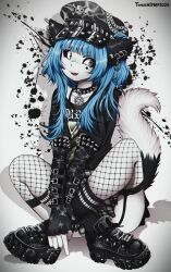  1boy absurdres animal_ears artist_name band_shirt black_gloves black_hat black_shirt black_shoes blue_eyes blue_hair burzum crossed_legs ear_piercing elbow_gloves facial_mark fingerless_gloves fishnet_thighhighs fishnets fox_boy fox_ears fox_tail furry furry_male gloves goth_fashion hat highres inverted_pentagram long_hair male_focus merchandise on_ground open_mouth original peaked_cap piercing shirt shoes skull_and_crossbones solo spiked_gloves spiked_hat star_(symbol) star_facial_mark t-shirt tail thighhighs trap tweenstrip 