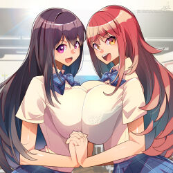  2girls :d black_bra black_hair blue_bow blue_bowtie blue_skirt blush bow bowtie bra bra_visible_through_clothes breast_press breasts character_request copyright_request fluorescent_lamp hair_between_eyes highres holding_hands huge_breasts impossible_clothes indoors lace lace-trimmed_bra lace_trim lens_flare long_hair looking_at_viewer multiple_girls open_mouth original pink_bra pixiv_id plaid_bow plaid_bowtie plaid_clothes plaid_skirt pleated_skirt purple_eyes red_hair school_uniform see-through_clothes see-through_shirt shiny_skin shirt short_sleeves signature skirt smile symmetrical_docking teeth twitter_username umigarasu_(kitsune1963) underwear upper_teeth_only very_long_hair white_shirt yellow_eyes 