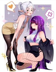  2girls :/ alternate_costume anger_vein bent_over black_pantyhose black_shoes black_skirt blush border breasts brown_skirt closed_mouth commentary crop_top elf english_commentary fern_(sousou_no_frieren) fishnet_pantyhose fishnets frieren gold_nails gold_shoes green_eyes grey_hair hands_on_own_knees heart heel_pop high-waist_skirt high_heels highres large_breasts long_hair long_pointy_ears looking_at_viewer medium_breasts midriff multiple_girls nail_polish on_one_knee open_mouth opened_by_self outside_border pantyhose parted_bangs pencil_skirt pointy_ears pumps purple_eyes purple_hair purple_nails ribbed_shirt sachichuu shirt shoes short_eyebrows side_slit skirt sleeveless sleeveless_shirt smile sousou_no_frieren spoken_anger_vein spoken_heart squatting standing stiletto_heels thick_eyebrows twintails twitter_username very_long_fingernails very_long_hair white_border white_shirt 