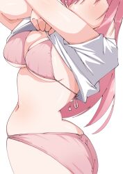  1girl bikini blush bocchi_the_rock! breasts cleavage clothes_lift commentary_request cowboy_shot faceless faceless_female gotoh_hitori highres ichigo_monaka large_breasts lifting_own_clothes long_hair navel pink_bikini pink_hair shirt shirt_lift short_sleeves sidelocks simple_background solo string_bikini swimsuit white_background white_shirt 