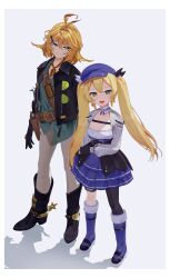  2girls absurdres ahoge blonde_hair dokibird_(vtuber) dokibird_(vtuber)_(bounty_hunter) dokibird_(vtuber)_(retro_doki) dual_persona green_eyes hair_ornament highres indie_virtual_youtuber jacket karakuripower long_hair looking_at_viewer multiple_girls open_mouth shirt smile twintails virtual_youtuber 