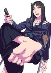  1girl barefoot black_eyes black_hair chair crossed_legs eizouken_ni_wa_te_wo_dasu_na! feet glasses glasses_on_head highres kanamori_sayaka long_hair open_mouth school_uniform shinku_p sitting soles toes 