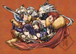  3girls 4boys beard black_hair blonde_hair brown_gloves cape facial_hair fate/grand_order fate_(series) fur-trimmed_cape fur_trim gloves gray_(fate) grey_hair hat hephaestion_(fate) hood iskandar_(fate) multiple_boys multiple_girls mustache necktie odysseus_(fate) pointing_melee_weapon pointing_sword ptolemy_(fate) ptolemy_(third_ascension)_(fate) red_hair reines_el-melloi_archisorte reines_el-melloi_archisorte_(third_ascension) short_sword smile striped_necktie sword takeshiba waver_velvet waver_velvet_(zhuge_liang) weapon wide_sleeves 