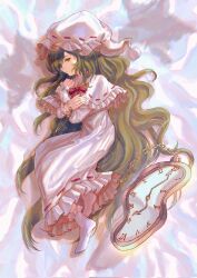  1girl aeginflash analog_clock ankle_boots boots bow bowtie capelet chain clock closed_mouth commentary dress expressionless frilled_capelet frilled_dress frilled_headwear frilled_sleeves frilled_socks frills green_eyes green_hair hair_over_one_eye hands_on_own_chest hat highres kazami_yuuka kazami_yuuka_(pc-98) knees_up light_particles long_hair long_sleeves looking_at_viewer lotus_land_story lying nightcap nose on_side pom_pom_(clothes) profile red_bow red_bowtie ribbon-trimmed_capelet ribbon-trimmed_dress ribbon-trimmed_headwear ribbon_trim roman_numeral sidelighting sideways_glance socks solo touhou touhou_(pc-98) very_long_hair warped wavy_hair white_background white_capelet white_dress white_hat white_socks 