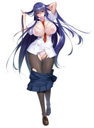 1girl akiyama_rinko aoi_nagisa_(metalder) blue_hair blush breasts clothes_pull condom condom_in_mouth condom_wrapper female_focus full_body highres large_breasts lilith-soft long_hair mouth_hold nipples official_art panties pantyhose purple_eyes school_uniform skirt skirt_pull solo taimanin_(series) taimanin_rpgx underwear rating:Questionable score:110 user:deltaonix