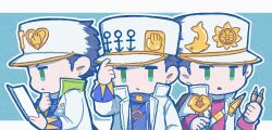  1boy adjusting_clothes adjusting_headwear androgyne_symbol black_hair blue_background blue_shirt bullet chibi chibi_only coat commentary diamond_wa_kudakenai dolphin_ornament earrings green_eyes hand_on_headwear hat heart_ornament high_collar highres holding holding_bullet holding_paper jewelry jojo_no_kimyou_na_bouken kasasagi_(hinagi) kuujou_joutarou long_sleeves male_focus multiple_persona no_nose official_alternate_costume open_clothes open_coat outline paper peaked_cap pink_shirt shirt symbol-only_commentary upper_body white_coat white_hat white_outline 