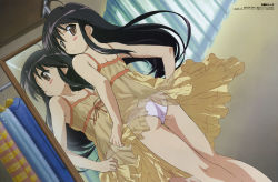 00s 1girl absurdres ahoge ass back bare_shoulders black_hair blush_stickers brown_eyes closet clothes_hanger clothes_lift curtains dress dress_lift dressing_room dutch_angle female_focus flat_chest frilled_dress frills from_behind hair_between_eyes hasegawa_shin&#039;ya highres indoors kneepits loli long_hair looking_at_viewer looking_back magazine_scan megami_magazine mirror no_bra official_art panties pantyshot reflection ribbon scan see-through_clothes shakugan_no_shana shana sidelocks solo standing striped thigh_gap transparent underwear upskirt white_panties window yellow_dress rating:Questionable score:60 user:danbooru