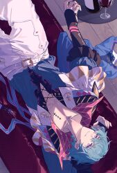  1boy belt belt_buckle blue_hair blue_shirt bottle brant_(wuthering_waves) buckle collarbone commentary cup drinking_glass earrings grin hair_between_eyes highres jewelry long_sleeves looking_at_viewer lying male_focus mao_(expuella) no_headwear open_clothes open_shirt pants pink_eyes puffy_sleeves red_carpet shirt short_hair smile solo stud_earrings symbol-only_commentary tacet_mark_(wuthering_waves) teeth toned toned_male tray white_belt white_pants wine_bottle wine_glass wooden_floor wuthering_waves 