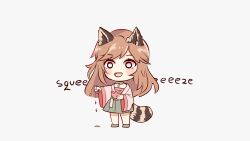  1girl :d animal_ears atelier_live blue_skirt blush brown_hair chibi chibi_only commentary elfboiii english_commentary english_text full_body grin highres holding japanese_clothes kemonomimi_mode kimono long_hair open_mouth pink_kimono raccoon_ears raccoon_tail sidelocks skirt smile solo sound_effects squeezing standing tail tsubaki_(juwei) wide_sleeves 