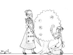  2girls blindfold camel_(dansen) clubs dress female_focus monochrome multiple_girls original shears trump_maid_(camel) 