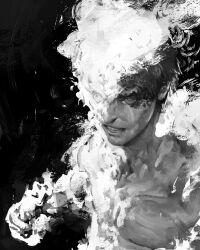  1boy agni_(fire_punch) burning clenched_teeth fire fire_punch greyscale highres kanji_(nievart) male_focus monochrome solo teeth 