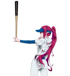  1girl absurdres alternate_costume ass baseball_bat baseball_uniform blue_eyes blue_hat breasts cowboy_shot from_side hat high_ponytail highres holding holding_baseball_bat hololive hololive_english irys_(hololive) jazasuuu long_hair pants ponytail profile purple_hair shirt simple_background solo sportswear virtual_youtuber visor_cap white_background white_pants white_shirt 