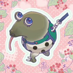  artist_name berry blue_eyes commentary_request creature creature_focus dokumushi-rock dotted_line heart leaf leash long_tongue looking_at_viewer looking_back lowres nintendo no_humans nostrils outline pikmin_(series) pink_background polka_dot polka_dot_background snout solo tongue watermark whiptongue_bulborb white_outline 