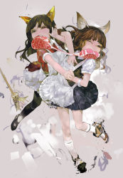 2girls animal_ears apron armband black_hair black_socks blunt_bangs broom brown_hair cat_ears catfight dress fangs fighting food frills kneehighs maid_apron meat multiple_girls one_eye_closed original pantyhose raw_meat socks uturo white_legwear rating:Sensitive score:5 user:danbooru