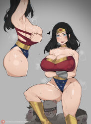 1girl 3boys arm_up armpits arms_under_breasts ass bare_shoulders beaten black_hair blue_eyes blush breasts cameltoe cleavage closed_mouth collarbone covered_erect_nipples dc_comics dr_octojuice from_side grey_background heart highres large_breasts leotard lips long_hair multiple_boys multiple_views simple_background smile solo_focus sweat thighs torn_clothes torn_leotard very_sweaty wonder_woman wonder_woman_(series) x_x rating:Questionable score:201 user:danbooru