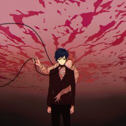  2boys arms_at_sides behind_another black_jacket black_pants blazer brown_sweater chain chain_leash cloud cloudy_sky collar expressionless faceless faceless_male facing_viewer gradient_background green_eyes hand_on_another&#039;s_stomach highres holding holding_chain jacket kotomeiro leaning_on_person leash looking_at_viewer multiple_boys open_mouth original outdoors outstretched_arm pants red_hair red_sky shirt sky striped_clothes striped_shirt sweater white_shirt white_sweater 