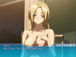  1boy 1girl 2010s 2011 age_difference ahoge barefoot blonde_eyebrows blonde_hair blue_eyes blush breasts cleavage dresser feet female_focus fingernails game game_cg highres huge_breasts indoors interior kamimura_akiko keisuke_(sisters) leaves long_hair mature_female mirror naked_towel older_woman_and_younger_man orange_towel pov sisters_~natsu_no_saigo_no_hi~ sky smile smiley_face solo step-incest stepmother stepmother_and_stepson toenail toenails toes towel tree video_game visual_novel water water_drop wet_breasts window 