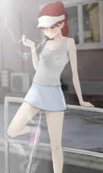 1girl air_conditioner bare_arms bare_shoulders black_eyes blue_skirt blurry blush breasts brown_hair cigarette collarbone depth_of_field earrings feet_out_of_frame female_focus grey_shirt happy hat high_ponytail highres holding house jewelry leg_up long_hair looking_down miniskirt outdoors peeing peeing_self pink_shoes ponytail purposeful_wetting railing shirt shoes skirt small_breasts smoke smoking sneakers socks solo standing steam sweat tank_top tempura_dozaemon visor_cap wall white_hat white_socks window rating:Explicit score:242 user:cpee