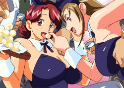 2girls alcohol animal_ears asuka_minori blush bow bowtie breasts brown_eyes brown_hair rabbit_ears playboy_bunny cirima cleavage fake_animal_ears feeding food grey_eyes hairband harukaze_haruka large_breasts lipstick looking_back makeup mature_female multiple_girls nail_polish ojamajo_doremi open_mouth pantyhose red_eyes red_hair red_nails sake short_hair tongue tray volvox wrist_cuffs rating:Questionable score:29 user:danbooru