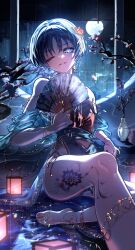 1boy absurdres androgynous aqua_shawl architecture backlighting bare_shoulders barefoot black_hair blue_eyes blunt_ends bonsai chinese_clothes clothing_cutout crossdressing crossdressing_(mtf) earrings east_asian_architecture eyelashes eyeliner eyeshadow flower_tattoo folding_fan full_moon genshin_impact glowing glowing_eyes hair_intakes hand_fan highres holding holding_fan indoors jewelry leg_tattoo looking_at_viewer makeup male_focus moon navel navel_cutout nero_hanken night night_sky one_eye_closed ornate_clothes parted_lips pelvic_curtain plant potted_plant rain red_eyeliner red_eyeshadow red_nails scaramouche_(genshin_impact) sitting sky sleeveless solo tattoo toenails toes vase watermark white_mouth wispy_bangs