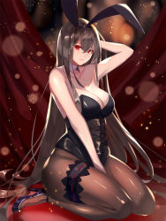  1girl animal_ears bad_id bad_pixiv_id black_hair black_leotard black_pantyhose breasts cleavage curtains detached_collar fake_animal_ears female_focus full_body highres large_breasts leotard long_hair looking_at_viewer original pantyhose playboy_bunny rabbit_ears rabbit_tail red_eyes shiodango sitting solo strapless strapless_leotard tail very_long_hair wariza wrist_cuffs 