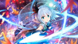  1girl aqua-lia black_hairband blue_eyes collared_shirt commentary_request falling_leaves flower flower_request full_moon game_cg green_skirt green_vest grey_hair hairband highres hitodama holding holding_sheath holding_sword holding_weapon konpaku_youmu konpaku_youmu_(ghost) leaf looking_at_viewer maple_leaf moon official_art open_mouth pink_flower sheath shirt short_sleeves skirt skirt_set slashing solo stone_lantern sword third-party_source touhou touhou_danmaku_kagura unsheathed vest weapon white_shirt 