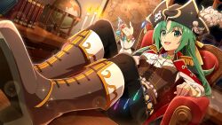  1girl armchair belt black_hat black_pants blurry book boots bow brown_boots candle chair corset depth_of_field dutch_angle epaulettes feathers feet_on_table full_body game_cg globe green_eyes green_hair hair_ribbon hat highres higurashi_no_naku_koro_ni higurashi_no_naku_koro_ni_mei holding holding_jewelry indoors jewelry jolly_roger lens_flare long_hair looking_at_viewer map_(object) necklace non-web_source official_art open_mouth pants pirate pirate_costume pirate_hat ribbon ring sitting sitting_on_throne skull_and_crossbones smile solo sonozaki_shion sparkle white_bow white_feathers wind yellow_ribbon 