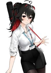  1girl ahoge black_hair black_pantyhose bloop_(gawr_gura) breasts bubba_(watson_amelia) colored_inner_hair cowboy_shot death-sensei_(mori_calliope) document_tube enma-chan highres hololive hololive_english id_card joshirah lanyard light_blush long_hair looking_at_viewer medium_breasts multicolored_hair pantyhose ponytail red_eyes red_hair shorts simple_background sleeves_rolled_up solo takodachi_(ninomae_ina&#039;nis) thigh_gap twitter_username virtual_youtuber white_background 