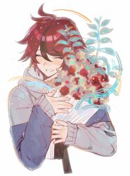  ^_^ ahoge black_streaks blue_jacket bouquet chinese_commentary closed_eyes cropped_torso flower grey_jacket highres holding holding_bouquet hood jacket male_focus multicolored_hair multicolored_jacket red_hair short_hair simple_background solo streaked_hair sumino_takumi syuu_1125 the_hundred_line_-last_defense_academy- two-tone_jacket white_background 