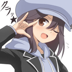  1girl ;d \m/ arm_up black_hair black_jacket blazer blush brown_eyes collarbone commentary curakuru curakuru_(character) grey_hat grey_hoodie hair_between_eyes hat hood hoodie jacket looking_at_viewer macross macross_frontier newsboy_cap one_eye_closed open_clothes open_jacket open_mouth original seikan_hikou sidelocks simple_background smile solo split_mouth translation_request upper_body white_background 