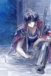  1boy bandaged_arm bandages black_coat black_hair black_shirt blood blood_on_face bloody_bandages coat coat_on_shoulders gintama grey_pants highres lushu_kuye male_focus night night_sky pants popped_collar shirt sitting sky solo sword takasugi_shinsuke tree weapon 