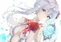  1girl bad_id bad_twitter_id beads blood blood_on_clothes blue_petals breasts cleavage cleavage_cutout closed_mouth clothing_cutout elbow_gloves expressionless floating floating_object floating_weapon flower gloves glowing glowing_weapon grey_eyes hair_beads hair_bun hair_flower hair_ornament lace lace_gloves lace_trim orb red_flower red_rose rose shiro_snow short_hair signature simple_background single_hair_bun single_sidelock sinoalice snow_white_(sinoalice) solo weapon white_background white_gloves 