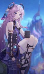  1girl bare_shoulders black_gloves black_leotard black_sandals blue_eyes blurry blurry_background braid citlali_(genshin_impact) closed_mouth clothing_cutout elbow_gloves facial_mark fingerless_gloves forehead_mark genshin_impact glove_cutout gloves highres leotard long_hair looking_at_viewer outdoors pink_hair pink_pupils sandals sitting smile solo suwa_(swk_kkk) triangle triangle_facial_mark twin_braids vision_(genshin_impact) 