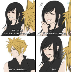  1boy 1girl azezazel bare_shoulders black_hair black_skirt black_vest blonde_hair blue_eyes blush cloud_strife couple dirge_of_cerberus_final_fantasy_vii earrings english_text final_fantasy final_fantasy_vii final_fantasy_vii_advent_children highres husband_and_wife jewelry long_hair looking_at_another parks_and_recreation parody parted_lips pink_lips popped_collar red_eyes shirt short_hair single_earring single_shoulder_pad skirt sleeveless sleeveless_shirt smile spiked_hair sweatdrop swept_bangs tifa_lockhart upper_body vest white_background 