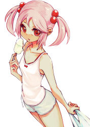  1girl absurdres alternate_costume bag blue_shorts commentary_request cowboy_shot denim denim_shorts food hair_bobbles hair_ornament highres kantai_collection kusomisoni pink_hair plastic_bag popsicle red_eyes sazanami_(kancolle) short_hair shorts simple_background solo tank_top twintails white_background white_tank_top 