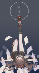 1girl absurdres angelina_(arknights) animal_ears arknights black_shirt black_shoes black_shorts black_socks blue_background brown_hair chinese_text circle closed_eyes commentary earpiece fox_ears fox_girl full_body gradient_background hairband highres holding holding_staff huo_jian_chong_rudao_76 kneehighs letter long_hair no_coat no_jacket outstretched_arms red_hairband shirt shoes short_shorts short_sleeves shorts smile sneakers socks solo staff striped_clothes striped_hairband translation_request twintails two-tone_hairband upside-down 