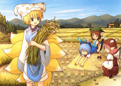 4girls :d ^_^ animal_ears bad_id bad_pixiv_id bird blonde_hair blue_eyes blue_hair blush bow brown_hair cat_ears cat_tail chen cirno closed_eyes day dress eijima_moko farm fox_ears fox_tail friends hair_bow happy hat house jewelry mountain multiple_girls multiple_tails mystia_lorelei open_mouth pink_hair ribbon scenery short_hair sky slice_of_life smile sparrow tail touhou tree wheat wings yakumo_ran rating:Sensitive score:8 user:danbooru