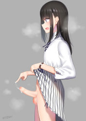  1boy black_hair blouse blue_eyes blunt_bangs breath censored clothes_lift collared_shirt crossdressing crossdressing_(mtf) cum erection foreskin from_side grey_background highres hime_cut kitajima_yuuki lifting_own_clothes long_hair long_sleeves male_focus mosaic_censoring navel open_mouth original penis phimosis profile ribbon shirt signature skirt skirt_lift solo steam striped_clothes striped_skirt sweat testicles trap watch white_shirt wristwatch  rating:Explicit score:277 user:danbooru