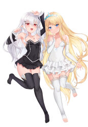  2girls absurdres bare_shoulders black_sleeves black_thighhighs blonde_hair blue_eyes breasts character_request closed_mouth collarbone commission copyright_request covered_navel deogho_(liujinzy9854) detached_sleeves dress earrings garter_straps grey_hair hair_ornament hairpin highres jewelry long_hair multiple_girls necklace open_mouth pleated_skirt pointy_ears red_eyes ring skirt small_breasts smile strapless strapless_dress thighhighs tiara toeless_legwear white_dress white_sleeves white_thighhighs 