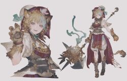  1girl animal_ears aqua_ribbon axe battle_axe belt blue_hair blue_ribbon boots bracelet braid breasts bright_pupils brown_belt brown_footwear cargo_shorts claw_bra claw_pose cleavage cleavage_cutout clothing_cutout commentary_request cropped_legs cross-laced_footwear crown_braid fangs frilled_sleeves frills full_body gorilla_(mushimushiland) grey_background grey_eyes grin hairy hat hat_ribbon holding holding_axe jewelry leg_cutout looking_at_viewer multicolored_hair multiple_views neck_ribbon open_mouth orange_hair original pawpads red_hat red_vest ribbon shirt short_hair short_sleeves shorts simple_background smile stirrup_footwear streaked_hair teeth tiger_ears tiger_girl two-sided_fabric two-sided_headwear upper_teeth_only vest weapon white_hat white_pupils white_shirt white_shorts 