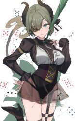  1girl absurdres black_jacket black_leotard black_panties black_shoes blue_eyes breasts brown_horns card center_frills curled_horns demon_girl demon_horns demon_tail eyepatch foot_out_of_frame frills green_hair hashtag-only_commentary highres horns jacket leotard leotard_under_clothes long_sleeves looking_at_viewer medium_breasts nanashi_inc. o-ring o-ring_thigh_strap ogura_tubuan open_mouth panties playing_card see-through_clothes see-through_skirt sekishiro_mico shirt shoes short_hair shrug_(clothing) skirt solo standing standing_on_one_leg tail thigh_strap underwear virtual_youtuber white_background white_shirt 