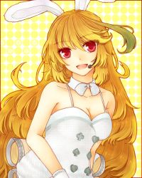  1girl ahoge animal_ears aqua_hair artist_request blonde_hair bow bowtie breasts cleavage clubs detached_collar diamond_(shape) dress grin headset heart long_hair looking_at_viewer medium_breasts microphone milla_maxwell multicolored_hair open_mouth rabbit_ears red_eyes smile spade swept_bangs tales_of_(series) tales_of_xillia tales_of_xillia_2 two-tone_hair very_long_hair white_dress 