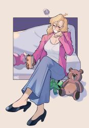  1girl artist_name blue_pants blush border breasts can cleavage closed_eyes commission couch dated full_body hand_up high_heels highres holding holding_can jacket lightning_ahoge long_sleeves medium_breasts open_mouth original outside_border pants pink_jacket sitting snowcie solo stuffed_animal stuffed_toy sweatdrop teddy_bear 