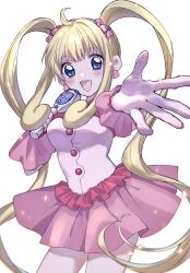  1girl absurdres ahoge blonde_hair blue_eyes blush bow dress earrings highres holding holding_microphone idol idol_clothes jewelry long_hair looking_at_viewer mermaid_melody_pichi_pichi_pitch microphone nanami_lucia open_mouth pink_bow pink_skirt shell shell_earrings simple_background skirt smile solo twintails white_background yin_yang6  rating:Sensitive score:1 user:danbooru