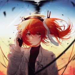  1girl a.i._voice adachi_rei arm_up black_hairband black_shirt blue_background cable cassette_player floating_hair gloves hair_ribbon hairband headlamp holding_cassette jacket light_smile long_hair looking_at_viewer netsu_ijou_(utau) open_clothes open_jacket orange_background orange_hair radio_antenna ribbon shirt side_ponytail simple_background solo suyu3307 utau white_background white_gloves white_jacket white_ribbon 