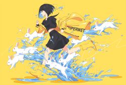  1girl black_hair black_serafuku black_skirt blue_hair boots colored_inner_hair highres jacket midriff multicolored_hair open_clothes open_jacket original puddle rabbit red_eyes rubber_boots running school_uniform serafuku short_hair skirt solo splashing vivid507 water yellow_background yellow_boots yellow_jacket 