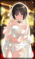  1girl alternate_costume amagami black_eyes black_hair blush bodice breasts bridal_lingerie bridal_veil choker closed_mouth collarbone commentary_request gloves hand_on_own_chest highres lace-trimmed_choker lace_trim le_huo lens_flare lingerie looking_at_viewer nanasaki_ai navel sarong sarong_hold short_hair small_breasts solo standing underwear veil white_gloves white_sarong white_veil 