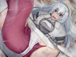  1girl armor baruragaru bestiality blue_eyes blush capcom clothed_sex clothing_aside gloves hair_ornament hairband interspecies large_insertion long_hair monster_hunter_(series) monster_hunter_frontier natasha_(monster_hunter) open_mouth panties panties_aside penis pleated_skirt puffy_short_sleeves puffy_sleeves rape screaming short_sleeves silver_hair skirt spread_legs tears tentacles thighhighs tongue uncontroldelusioner underwear upskirt vaginal wet white_gloves white_panties white_thighhighs 