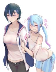 2girls arched_back arm_grab ass black_hair black_pants blue_hair blue_pants bra_strap bracelet breasts butt_crack character_request collarbone copyright_request cowboy_shot ear_piercing earrings gradient_hair grey_eyes grin hair_between_eyes jewelry leaning_forward long_hair looking_at_viewer medium_breasts midriff mole mole_under_eye multicolored_hair multiple_girls nikuku_(kazedesune) off-shoulder_shirt off_shoulder pants parted_lips piercing pink_eyes pink_hair shalala_(voicemith) shirt short_hair simple_background smile standing stomach streaked_hair striped_clothes striped_pants tattoo vertical-striped_clothes vertical-striped_pants virtual_youtuber voicemith white_background white_shirt rating:Sensitive score:18 user:danbooru